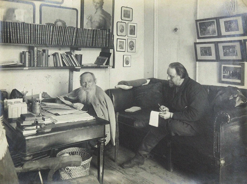 Detail of Leo Tolstoy with his secretary Vladimir Chertkov at the Yasnaya Polyana on 29 March 1909, 1909 by Anonymous
