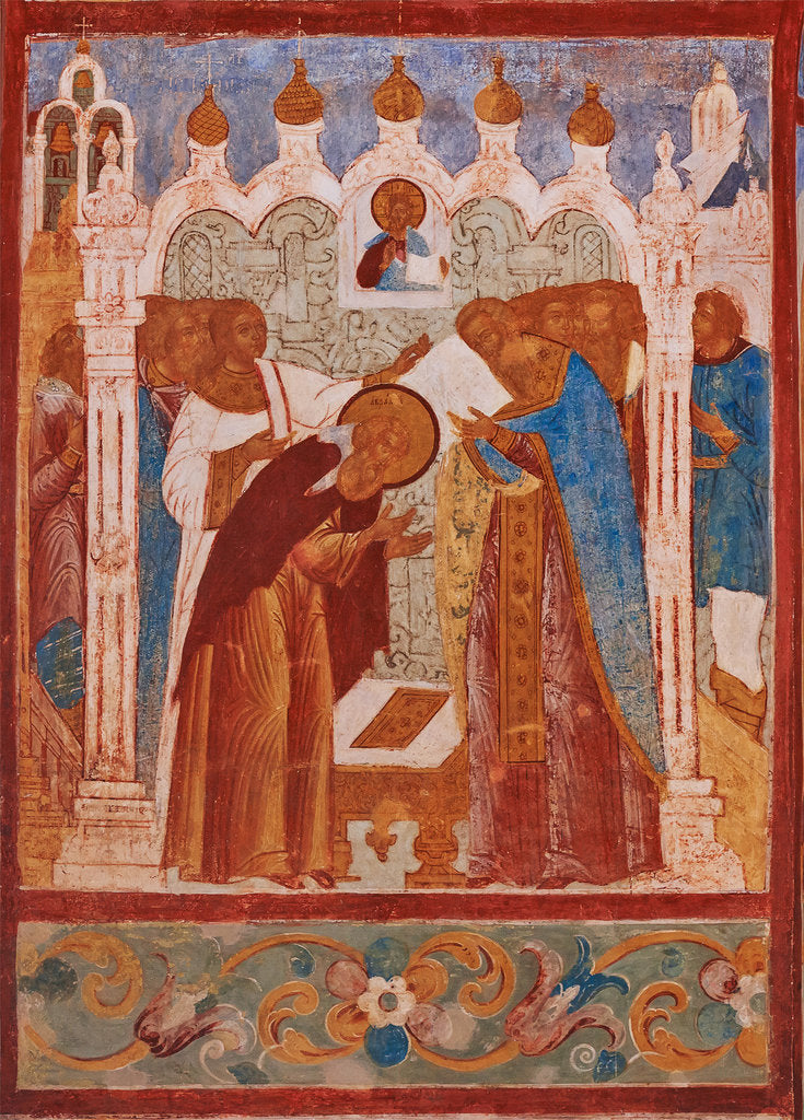 Detail of Monastic consecration of Saint Abraham of Rostov. Fresco of the Church of Saint John The Apostle in by Anonymous