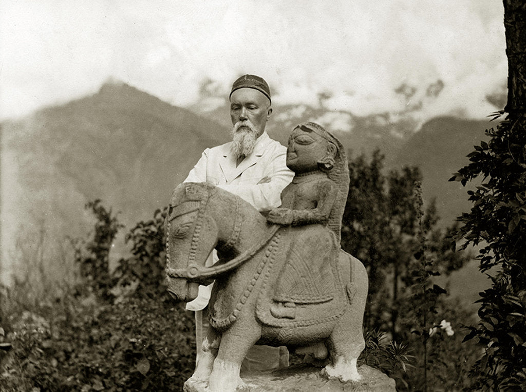 Detail of Nicholas Roerich by the equestrian statue of Guga Chauhan at the Kullu Valley, 1932-1933 by Anonymous