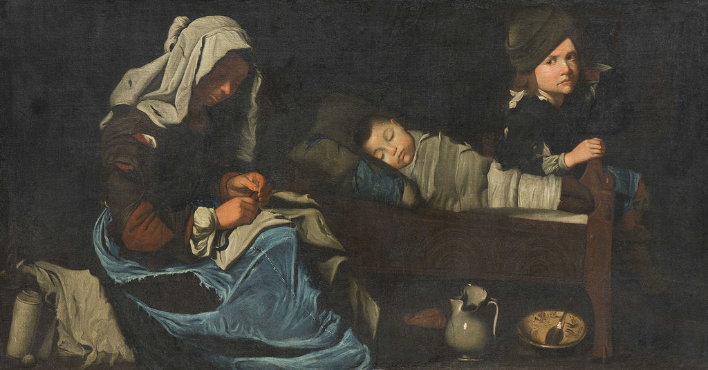 Detail of Mother Sewing with Two Children, End of 17th cen by Anonymous