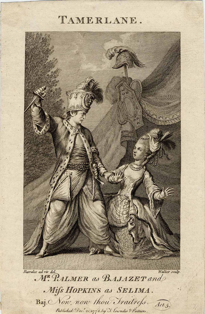 Detail of Mr Palmer as Bajazet and Miss Hopkins as Selima in Tamerlane by Nicholas Rowe. (Now, now, thou trai by Anonymous