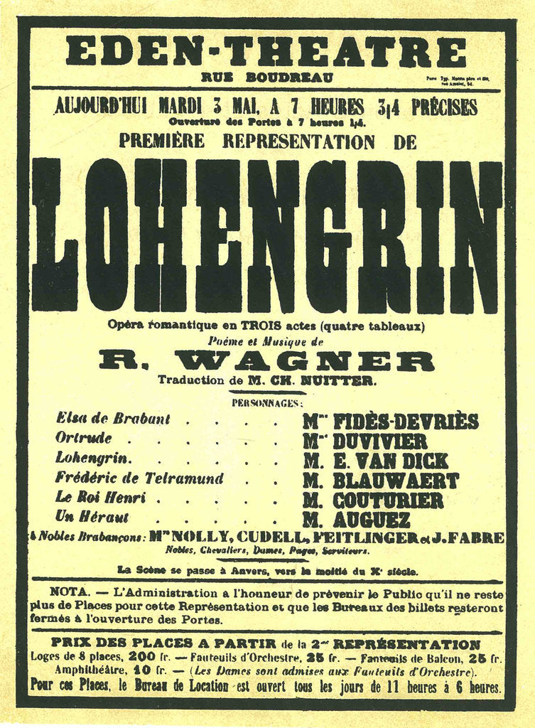 Detail of Premiere Poster for the opera Lohengrin by Richard Wagner in the Éden Théâtre, Paris, 1887 by Anonymous