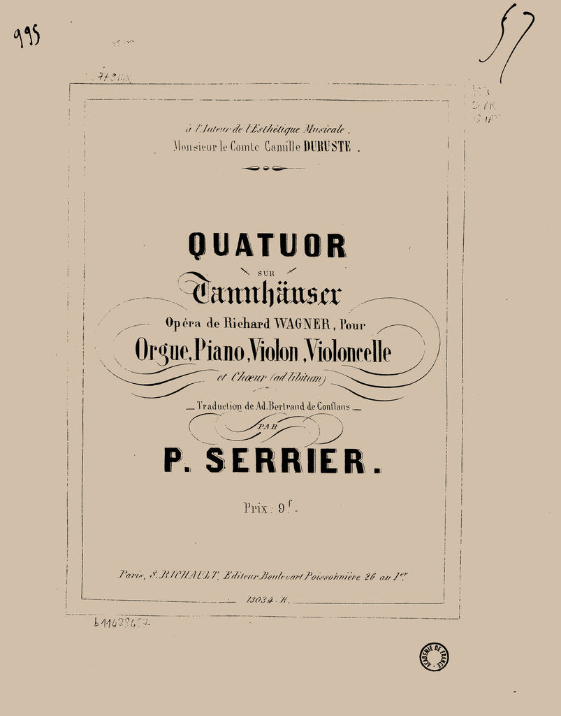 Detail of Quatuor sur Tannhäuser de Richard Wagner pour orgue, piano, violon, violoncelle et choeur, 1857 by Anonymous