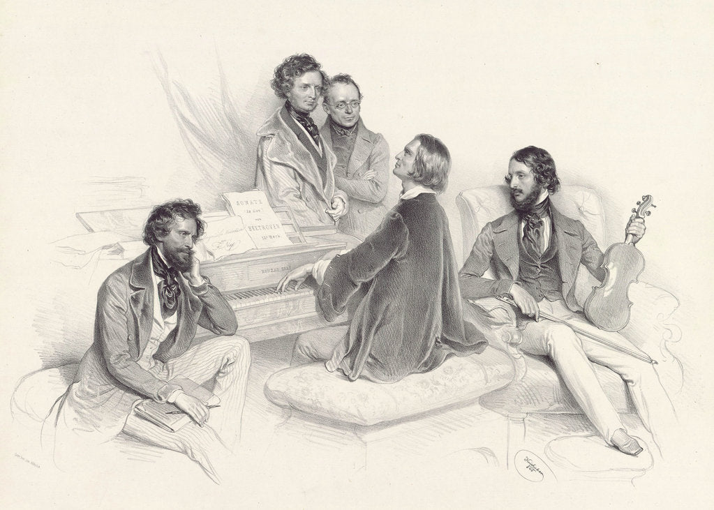 Detail of Matinee at Liszts home. (Composer Hector Berlioz, the composer Carl Czerny and the violinist Heinri by Anonymous