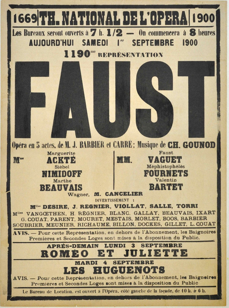 Detail of Poster for the Opera Faust by Charles Gounod at the Théâtre national de lOpéra, September 1900, 1 by Anonymous