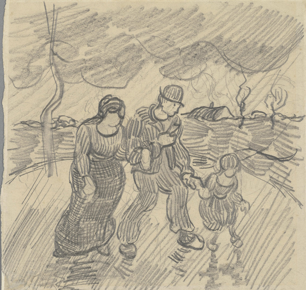 Detail of Strolling couple with child on a road in the rain, 1890 by Anonymous