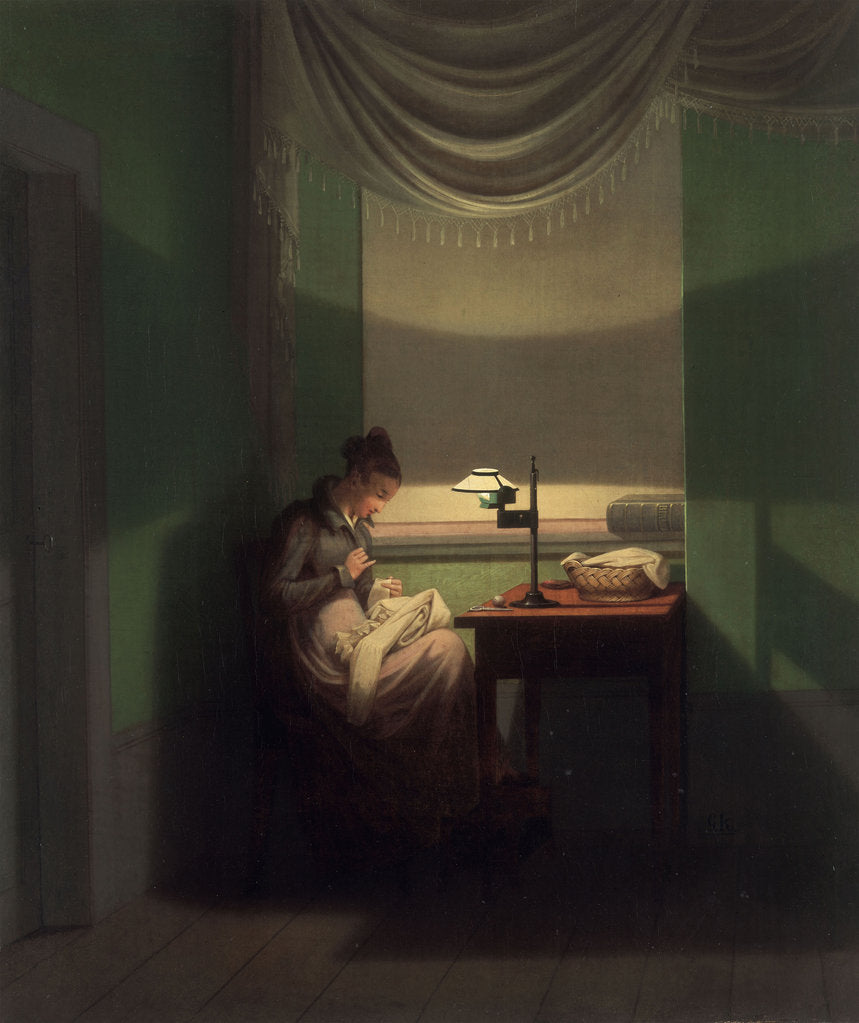 Detail of Young Woman Sewing by the Light of a Lamp, 1823 by Anonymous