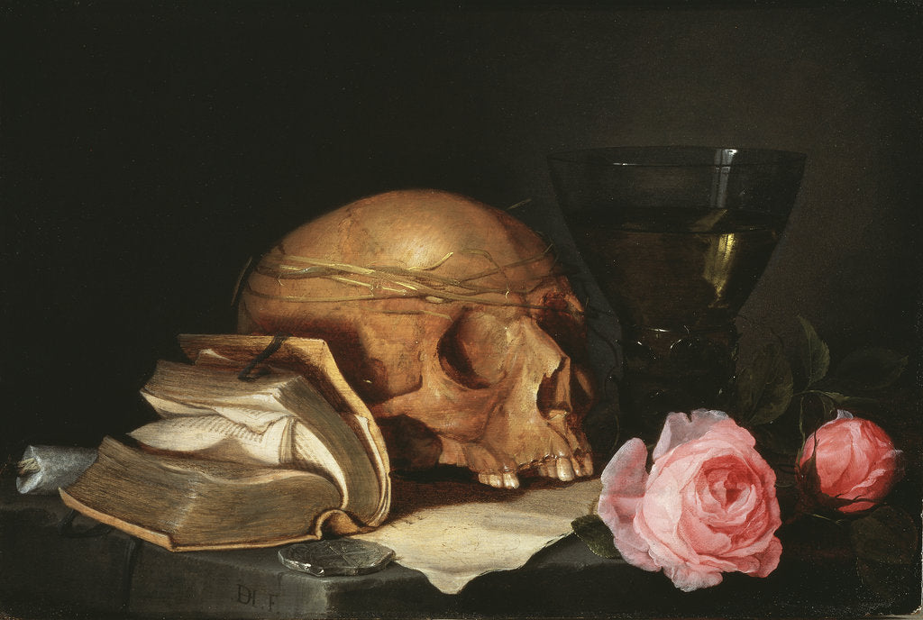 Detail of Vanitas Still Life with a Skull, a Book and Roses, c.1630 by Anonymous