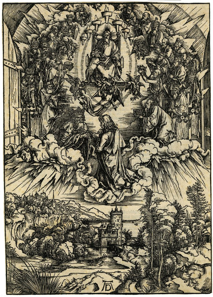 Detail of Saint John kneeling before Christ and the twenty-four elders by Anonymous