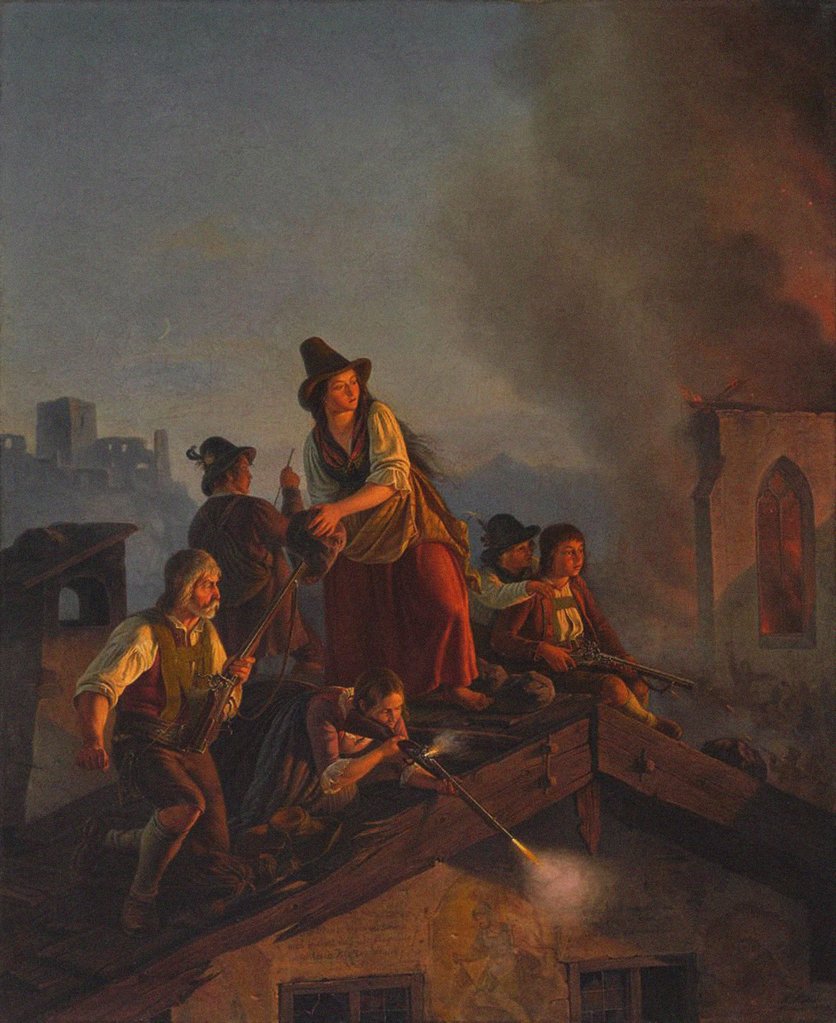 Detail of A Tyrolean peasant family defends their house against attacking soldiers. (Scene from the 1809 Tyrol by Anonymous
