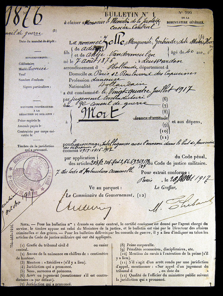 Detail of The official death sentence of Mata Hari, 1917 by Anonymous