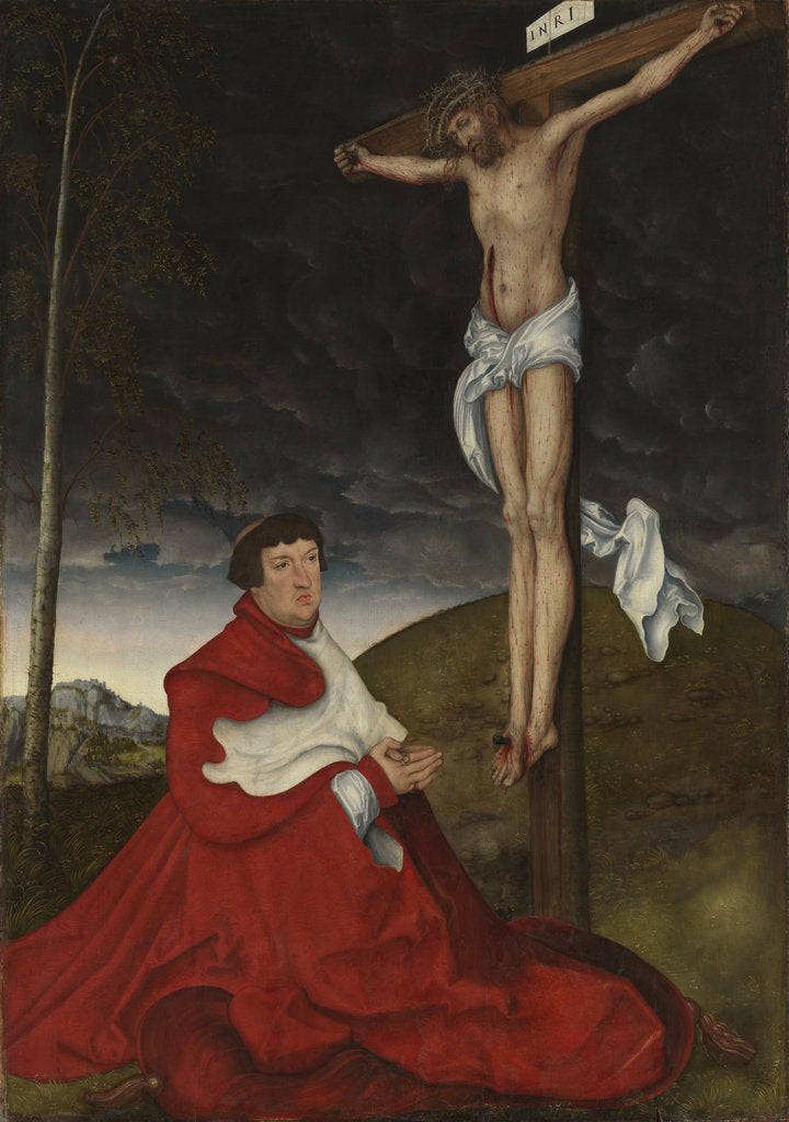Detail of Cardinal Albrecht of Brandenburg kneeling before Christ on the cross, ca 1521-1525 by Anonymous