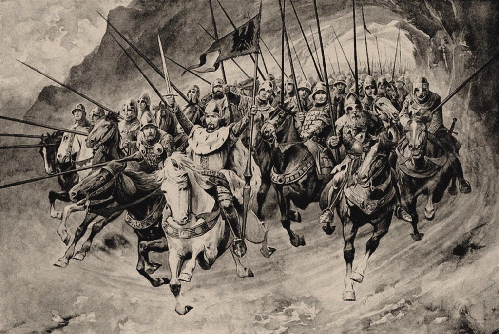 Detail of Saint Wenceslas and his Blanik knights set off from the mountain. Illustration from Stare povesti ce by Anonymous