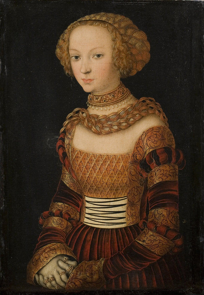 Detail of Portrait of a young woman. (Princess Emilie of Saxony?), ca 1537 by Anonymous