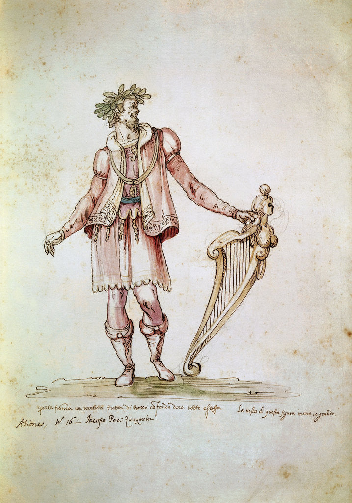 Detail of Portrait of Jacopo Peri. Costume design of Arion in the 5th Intermedio of La Pellegrina, by Anonymous