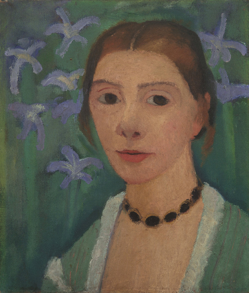 Detail of Self portrait in front of green background with blue irises, c. 1905 by Anonymous