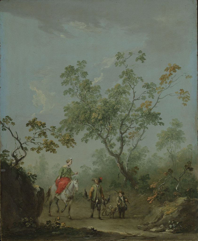 Detail of Forest landscape with a lady on horseback, a falconer and a huntsman by Anonymous
