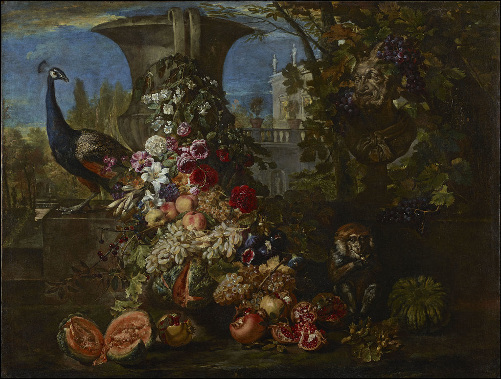 Detail of Still life with fruits and flowers in the garden of an Italian villa, Second Half of the 17th cen by Anonymous