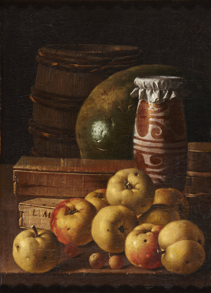 Detail of Still life with apples, strawberries, watermelon, box of sweets, jar of honey and barrel, Mid of the by Anonymous
