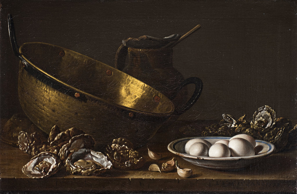 Detail of Still life with oysters, garlic, eggs, pear and pot by Anonymous