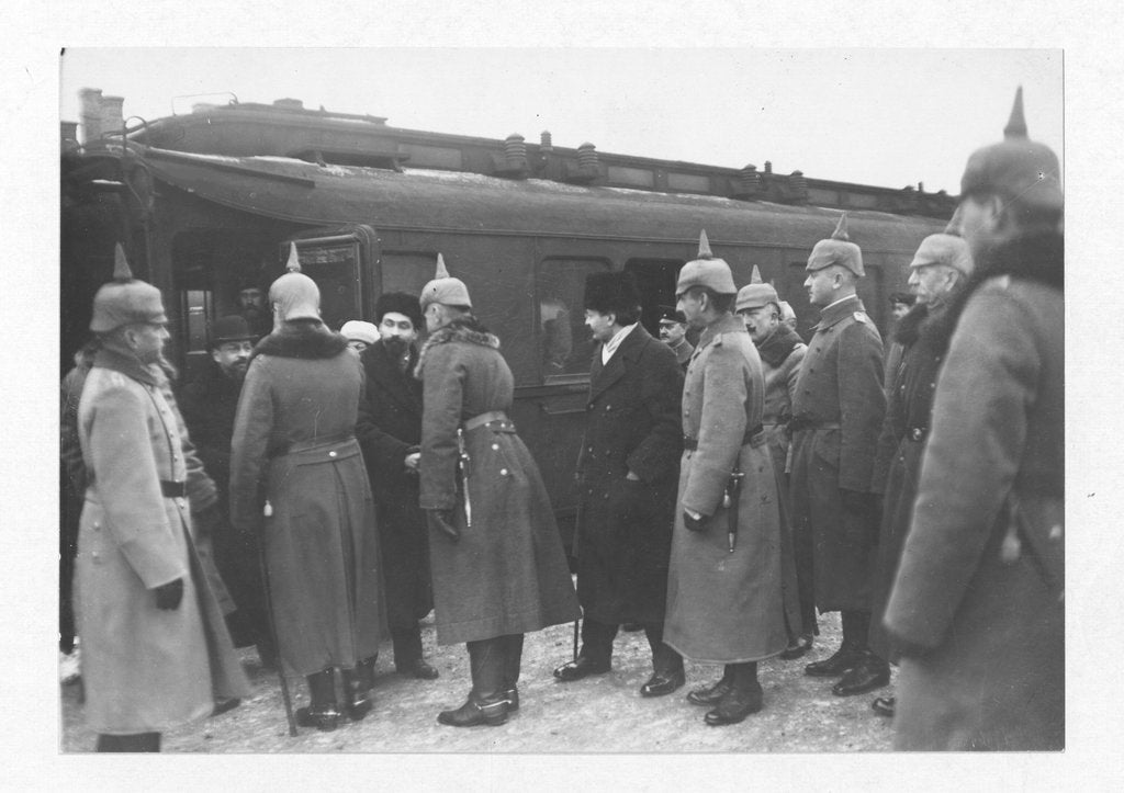 Detail of Arrival of the Russian delegation in Brest-Litovsk. In the centre Trotsky. Left: Kamenev and Joffe by Anonymous