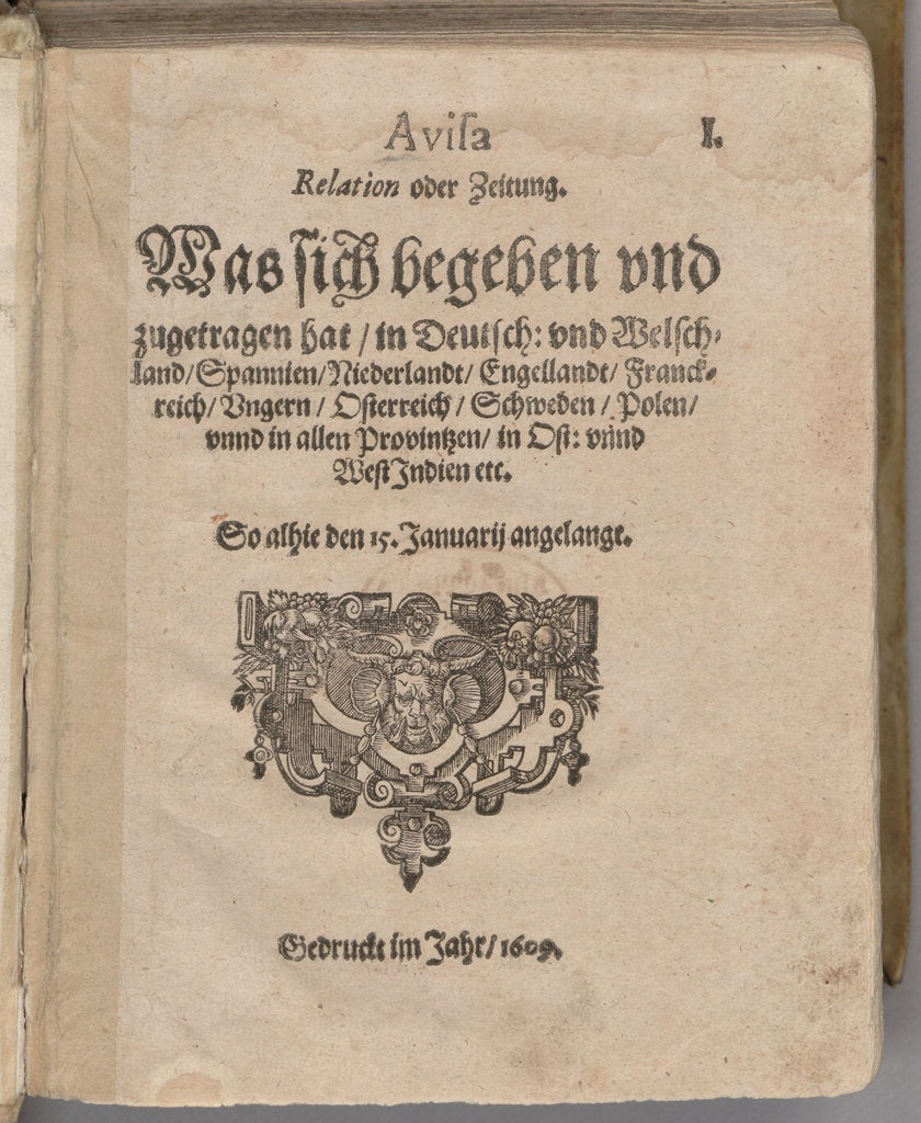 Detail of Aviso. Relation oder Zeitung. Title page of the first edition, 1609 by Anonymous