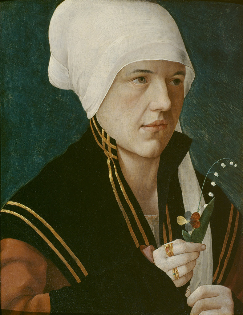 Detail of Portrait of a woman holding a Lily-of-the-Valley and a pansy, before 1520 by Anonymous