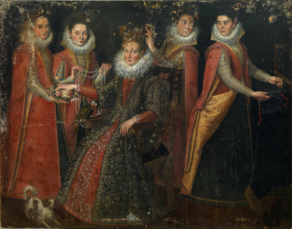 Detail of Portrait of five women with a dog and parrot, by Anonymous