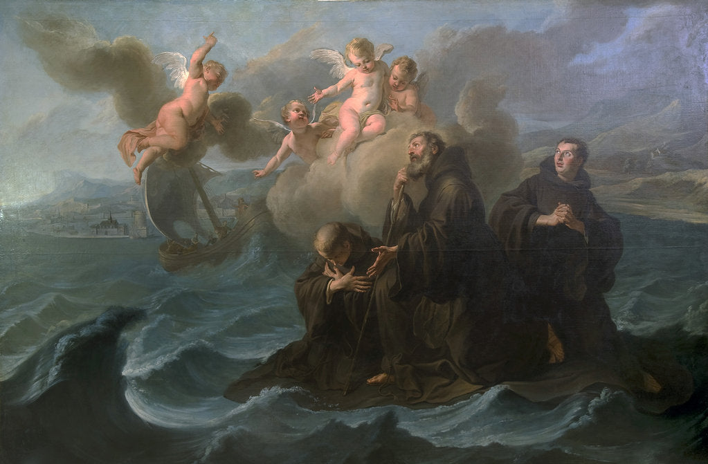 Detail of Saint Francis of Paola and his companions cross the strait to Messina on his cloak, 1723 by Anonymous