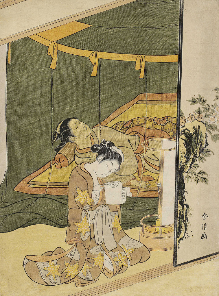 Detail of The Secret Love Letter (A young woman reading a love letter by candle light whilst another sleeps un by Anonymous