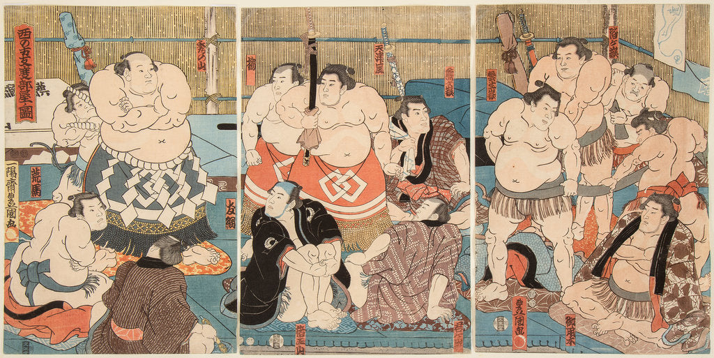 Detail of Wrestling match Shitaky Beya vs Hidenoyama, 1850 by Anonymous