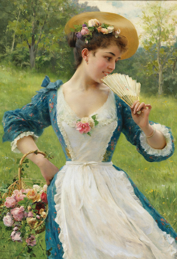Detail of Young beauty with a basket of roses, by Anonymous