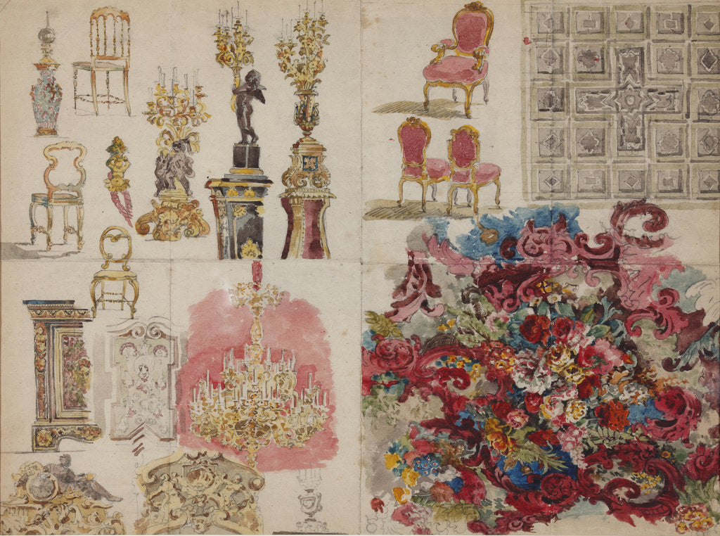 Detail of Design of furniture, ceiling, lamps, decorative wall painting with flowers for the Jussupow Palace o by Anonymous