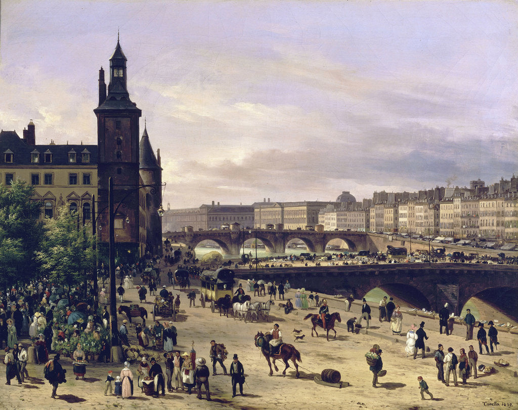 Detail of Le marché aux fleurs, la Tour de lHorloge, le Pont au Change et le Pont-Neuf, 1832 by Anonymous