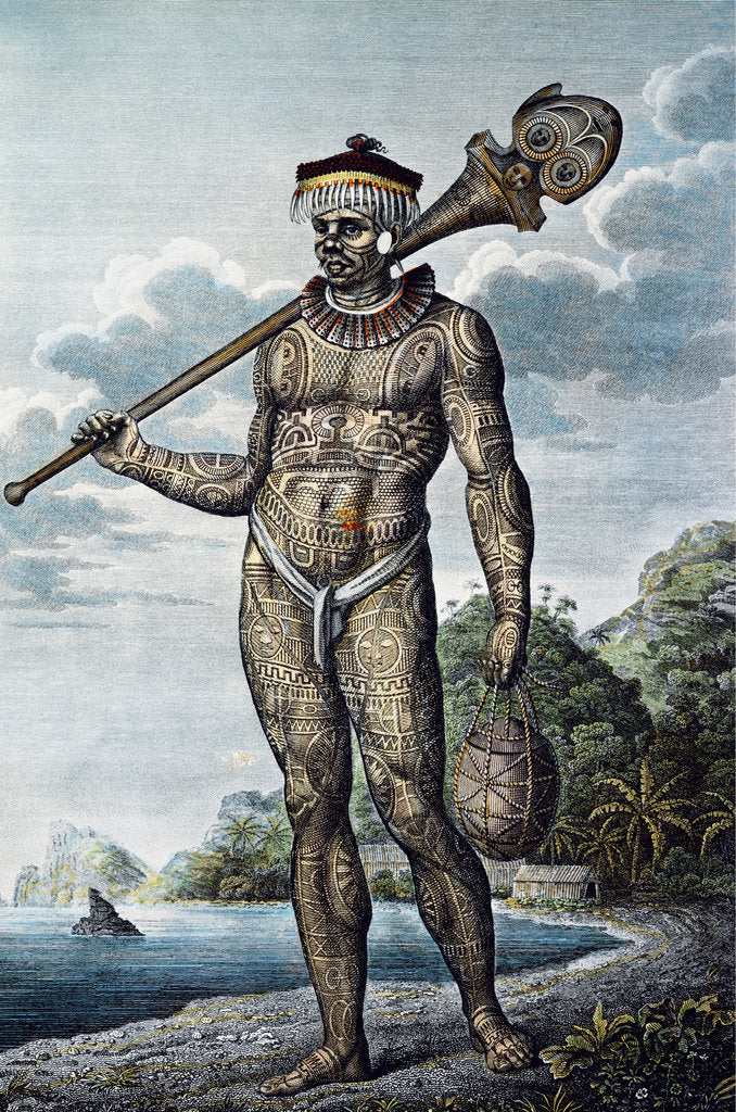 Detail of A man from Nuku Hiva Island with tattoos on his body by Anonymous