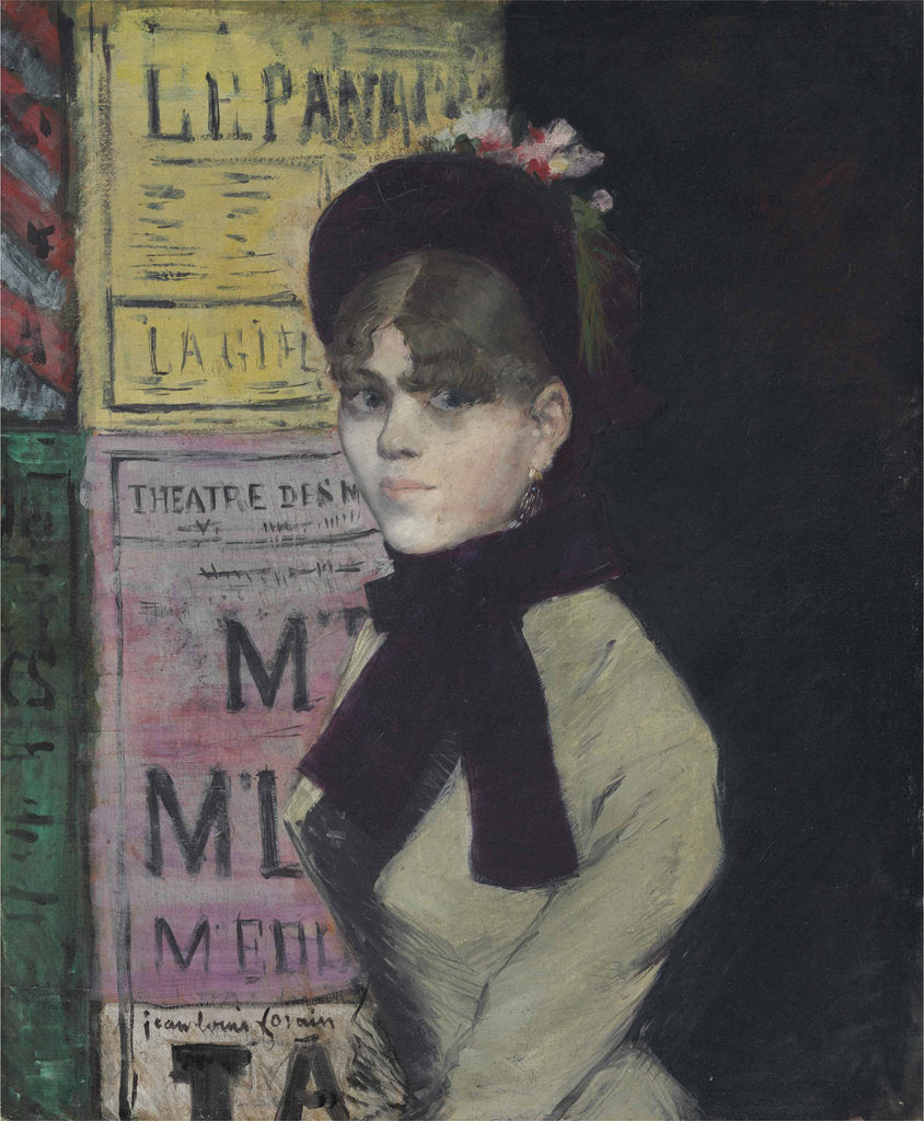 Detail of Young woman reading in Front of an Advertising Column, ca 1880-1885 by Anonymous