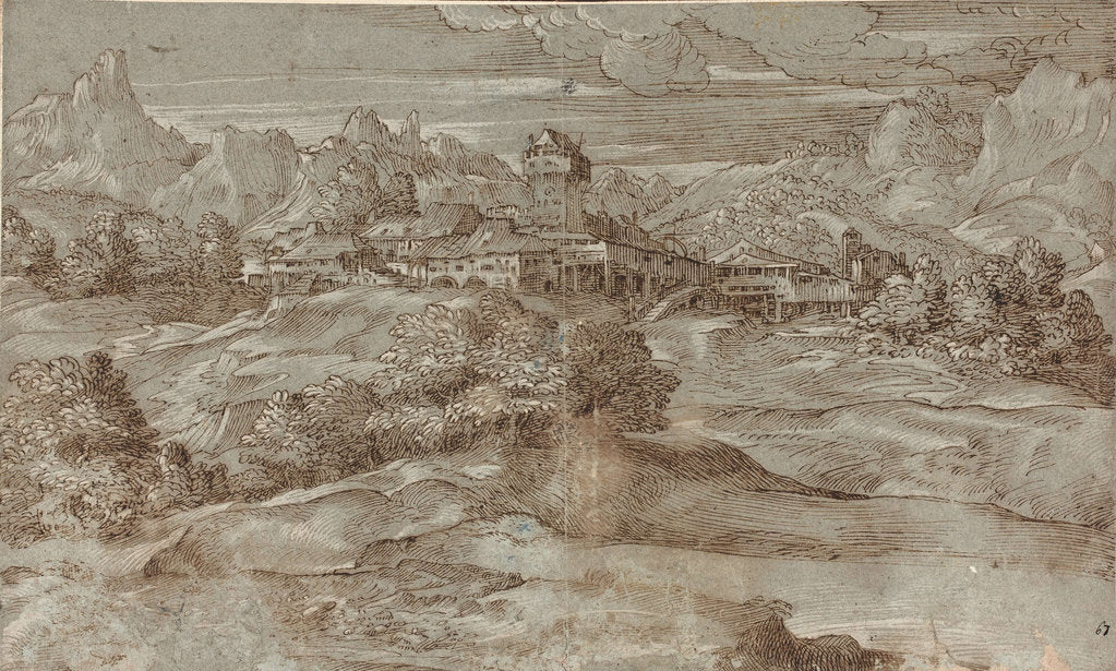 Detail of Mountain landscape with a village and a castle by Anonymous