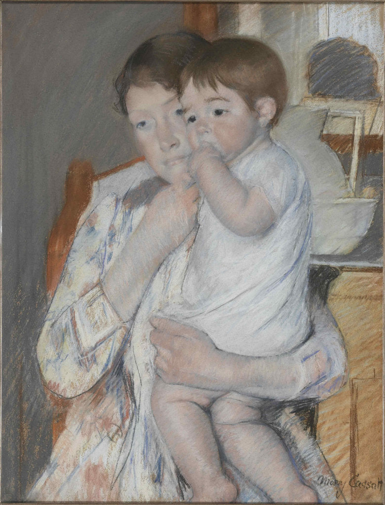 Detail of Femme et enfant devant une tablette où sont posés un broc et une cuvette, c. 1889 by Anonymous