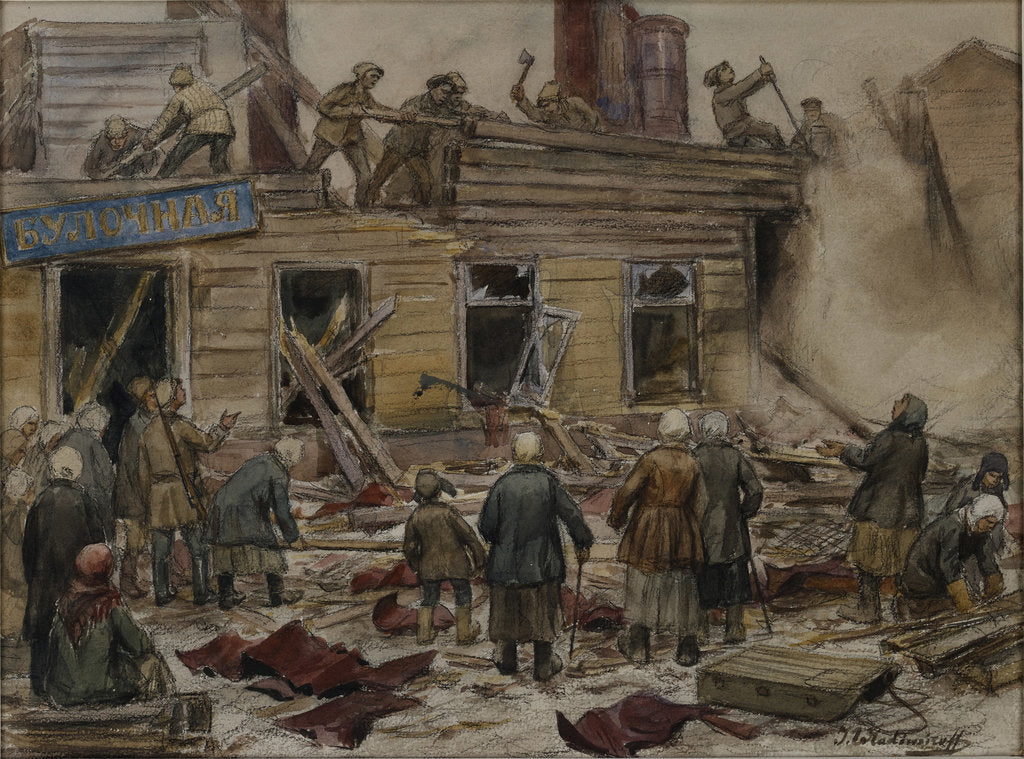 Detail of Workmen demolishing wooden houses for fuel, 1920 by Anonymous