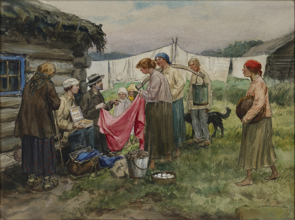 Detail of Hungry years in Petrograd. Changing merchandise for provisions in a village near a railway station by Anonymous