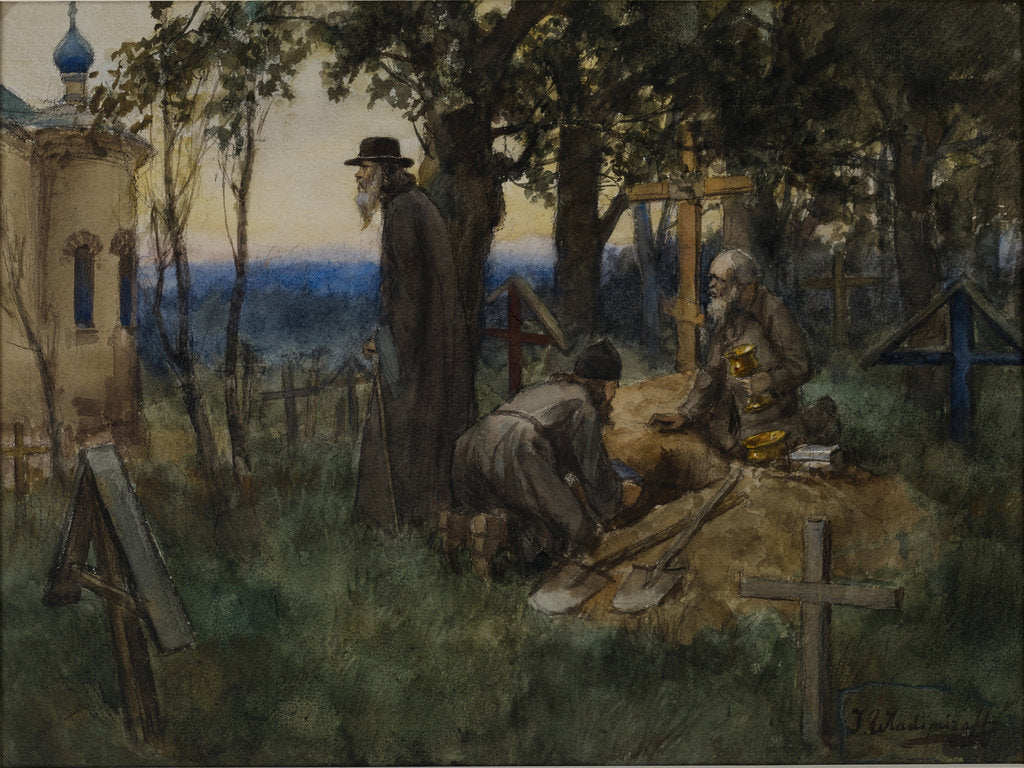 Detail of The clergymen hiding church treasures in a new grave in a cemetery, 1922 by Anonymous