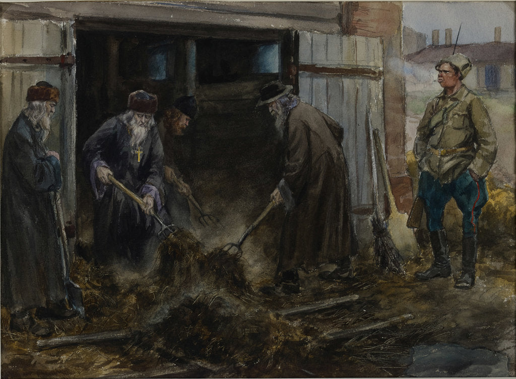 Detail of A group of Russian priests forced to clear the barrack stables, 1918 by Anonymous