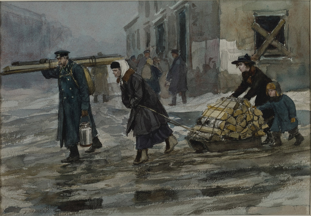 Detail of A family of an engineer dragging home some fuel, 1919 by Anonymous