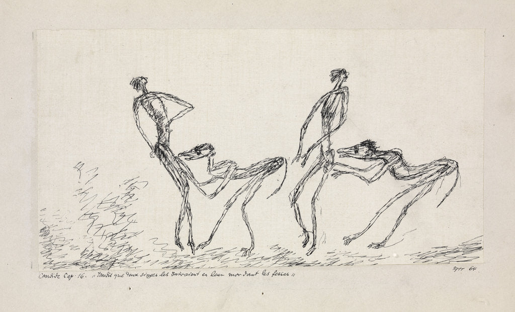 Detail of Candide, chapitre 16. Tandis que deux singes les suivaient en leur mordant les fesses, 1911 by Anonymous