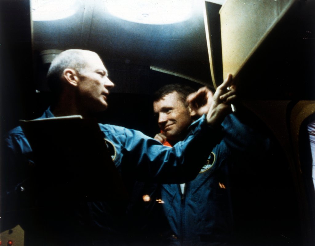 Detail of Buzz Aldrin and Neil Armstrong in quarantine, Apollo 11 mission, July 1969 by NASA