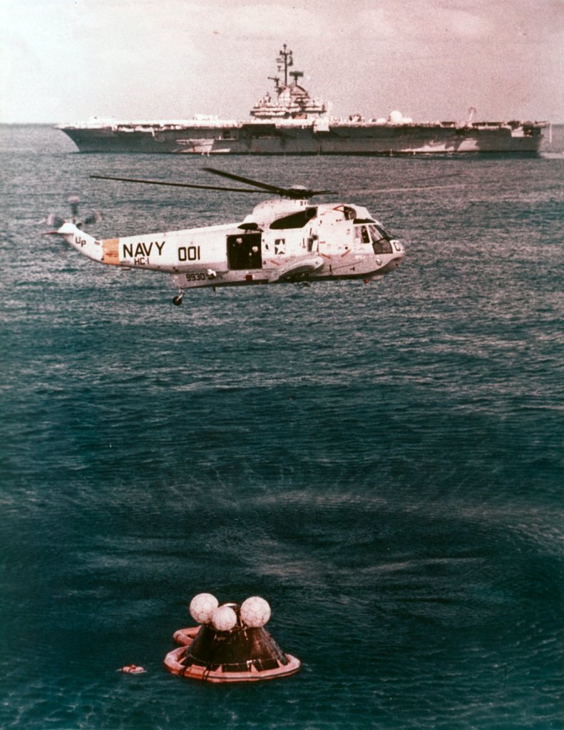 Detail of Astronauts being recovered from the sea, Apollo 16 mission, 27 April 1972 by NASA