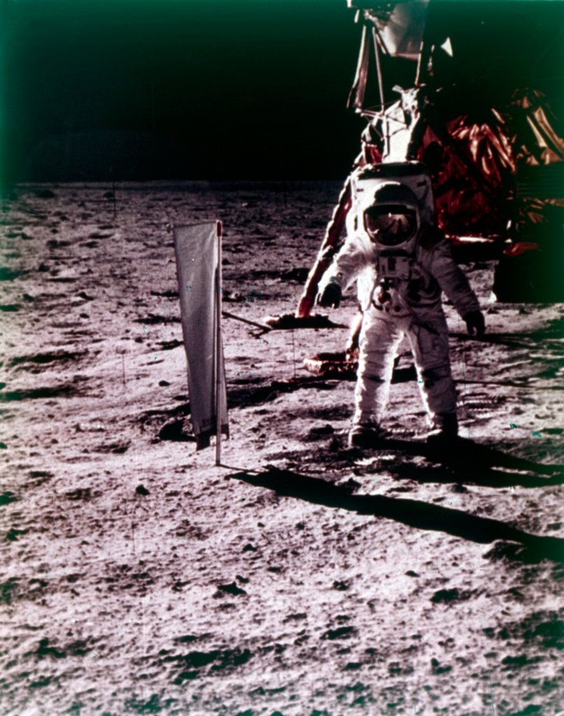 Detail of Buzz Aldrin deploys solar wind collector on the surface of the Moon, Apollo 11 mission, July 1969 by Neil Armstrong