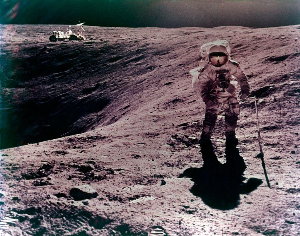 Detail of Astronaut Charles Duke at the Descartes landing site, Apollo 16 mission, April 1972 by John Watts Young