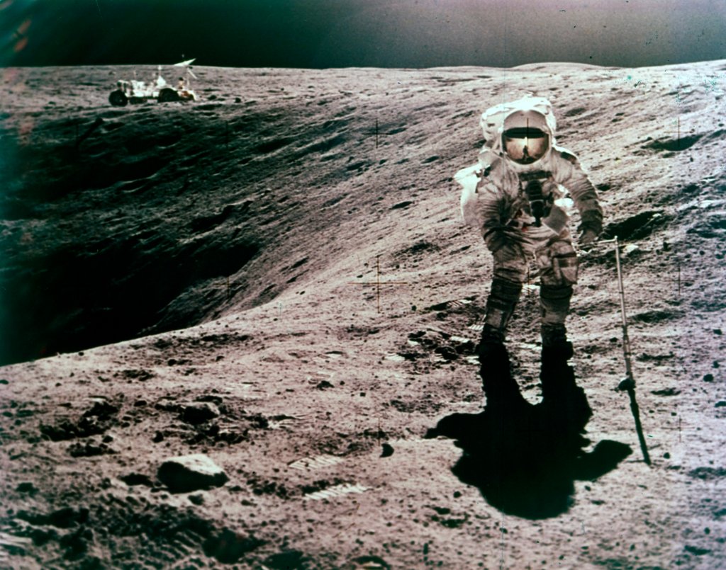 Detail of Astronaut Charles Duke at the Descartes landing site, Apollo 16 mission, April 1972 by John Watts Young