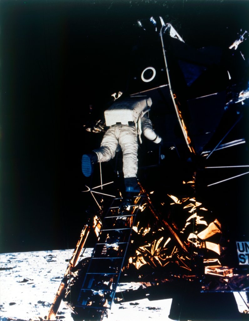 Detail of Buzz Aldrin descends from the Lunar Module, Apollo II mission, July 1969 by Neil Armstrong